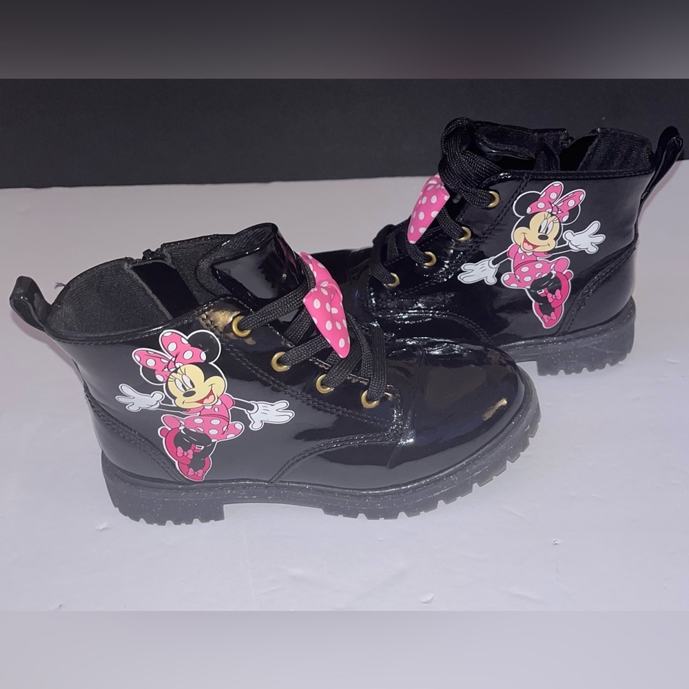 Disney Black Patent Kids Boots with Pink Minnie Mouse Details